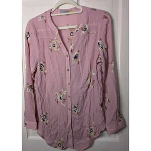Figuerca & Flower Woman's Embroidered Pink Flower Button Up Blouse PXL(737)